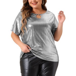 Agnes Orinda Women's Plus Size Keyhole Metallic Round Neck Short Sleeve Party Blouses - 1 of 4