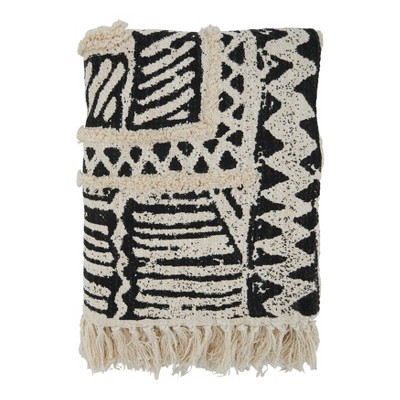 Saro Lifestyle Saro Lifestyle Cotton Throw With Block Print Design, Black, 50"x60"