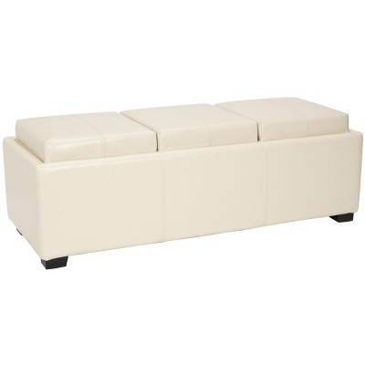 Flat Cream Leather Triple Tray Ottoman with Birch Wood