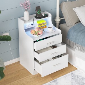 LED Nightstand with Charging Station & 3 Drawers, Bed Side Table Wood End Table - 1 of 4