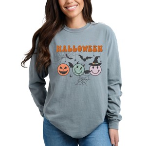 Simply Sage Market Halloween Smiley Faces Garment Dyed Long Sleeve - 1 of 4