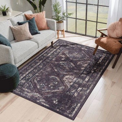 Kumasinova Area Rug, Soft Low-Pile Living Room Rug, Non-Slip Rugs for Living Room, Stain-Resistant Boho Style Washable Rug, Black & Gold Door Mat