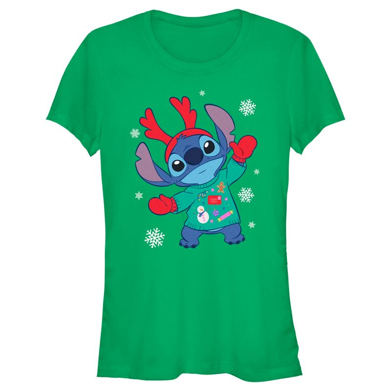 Juniors Womens Lilo & Stitch Christmas Outfit Stitch T-Shirt, 1 of 5