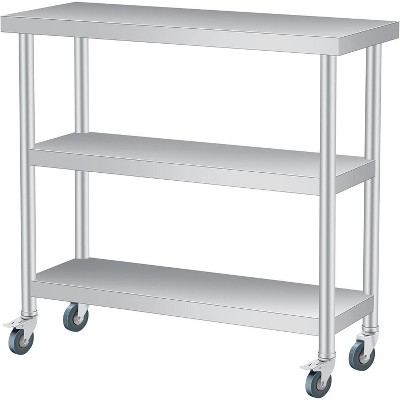 Nasitip Silver Stainless Steel Work Table with 3 Shelves and Optional Wheels, Commercial Prep Table for Kitchen, Garage, Restaurant