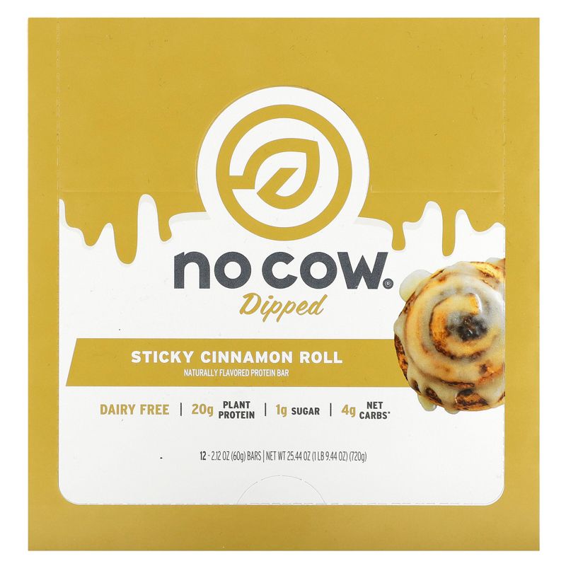 No Cow Dipped Protein Bar, Sticky Cinnamon Roll, 12 Bars, 2.12 oz (60 g) Each, 1 of 3