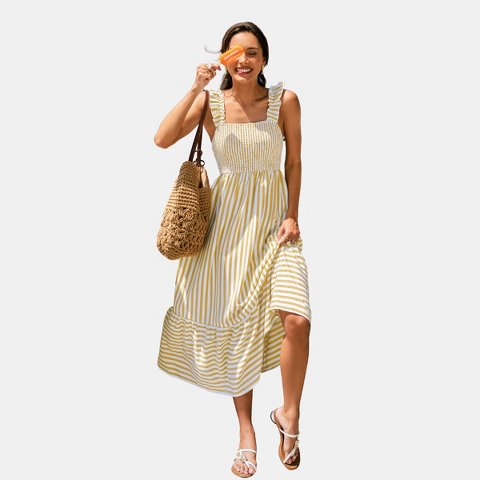 Женские платья Cupshe Women's Striped Maxi Dress with Ruffled Straps for Beach-XL-Off-White