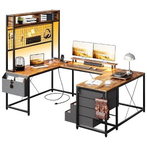 U Shaped Computer Desk with Monitor Stand and LED Lights, Computer Gaming Desk with Storage Shelves - 1 of 4