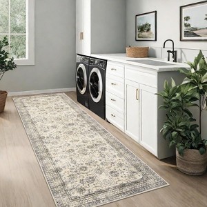 Washable Area Rug - Low Pile, Non-Slip, Floral Boho Design, Soft Faux Wool, Durable & Easy Care,9*12ft, Green - 1 of 4