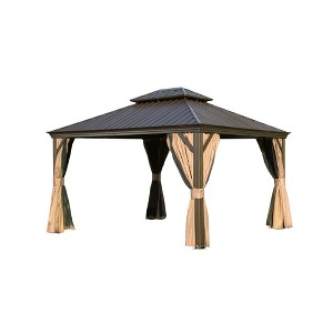 PAGED 10'X12' Hardtop Outdoor Canopies and Gazebos with Galvanized Steel Double Canopy for Patios Deck Backyard, Curtains and Netting, Brown - 1 of 4