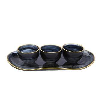 Classic Touch Set of 3 Bowls Black Alabaster with Gold Trim on Tray