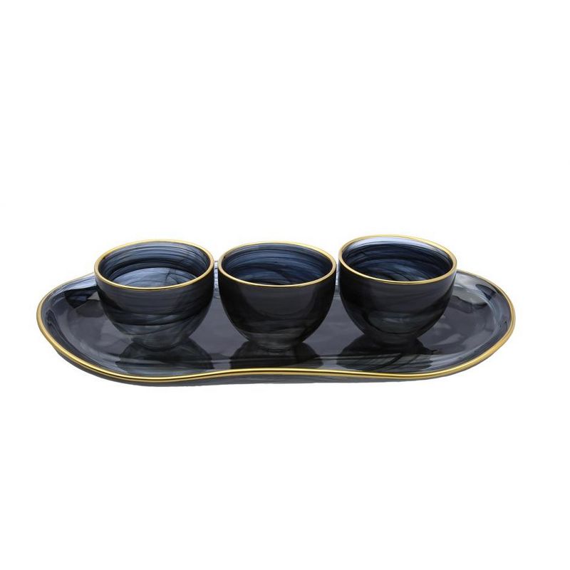Classic Touch Set of 3 Bowls Black Alabaster with Gold Trim on Tray, 1 of 4