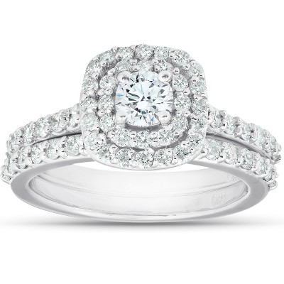  Pompeii3 1 1/10Ct Cushion Halo Diamond Halo Engagement Wedding Ring Set 14k White Gold - Size 9 