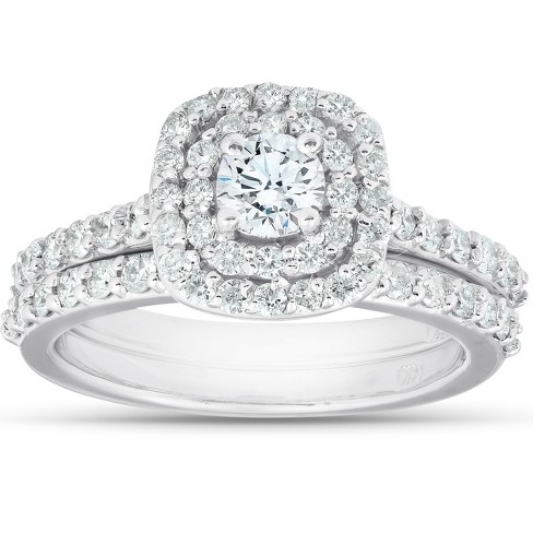 Pompeii3 1 1/10ct Cushion Halo Diamond Halo Engagement Wedding Ring Set ...