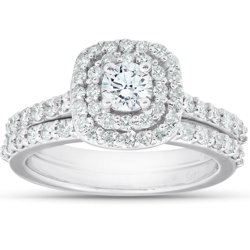 Pompeii3 1 1/10Ct Cushion Halo Diamond Halo Engagement Wedding Ring Set 14k White Gold, 1 of 6