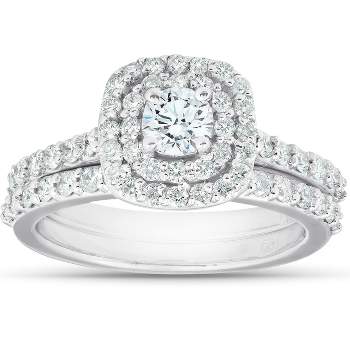 Pompeii3 1 1/10Ct Cushion Halo Diamond Halo Engagement Wedding Ring Set 14k White Gold - Size 6.5