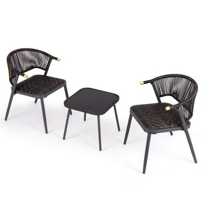 Tangkula Set of 3 Rattan Furniture Set Quick Dry Foam Padded Chairs w/Tempered Glass Tabletop Wicker Seat & Rope Woven Back Black