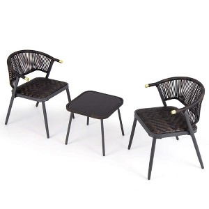 Tangkula Set of 3 Rattan Furniture Set Quick Dry Foam Padded Chairs w/Tempered Glass Tabletop Wicker Seat & Rope Woven Back Black - 1 of 3