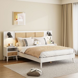 NicBex Queen Platform Bed Frame with Rattan Headboard,Wood Platform Bed with 2 Nightstands and Built-in Lamps,Noise-Free,Easy Assembly - 1 of 4
