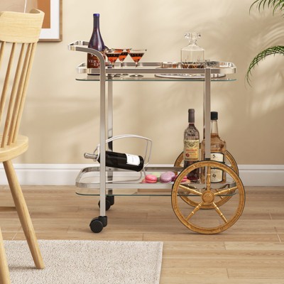 Modern Stainless Steel and Glass 2-Tier Bar Cart with Gold Wheels
