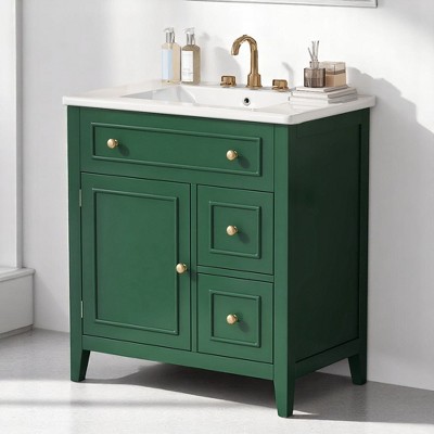 Mshliw 30 Inch Bathroom Vanity with Sink, Freestanding Cabinet with Door and Drawers, Solid Wood Frame and Ceramic Top