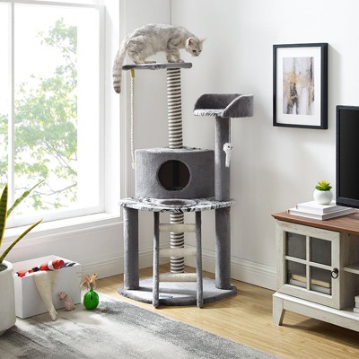 Gray Faux Fur Multi-Level Cat Tree with Hammock