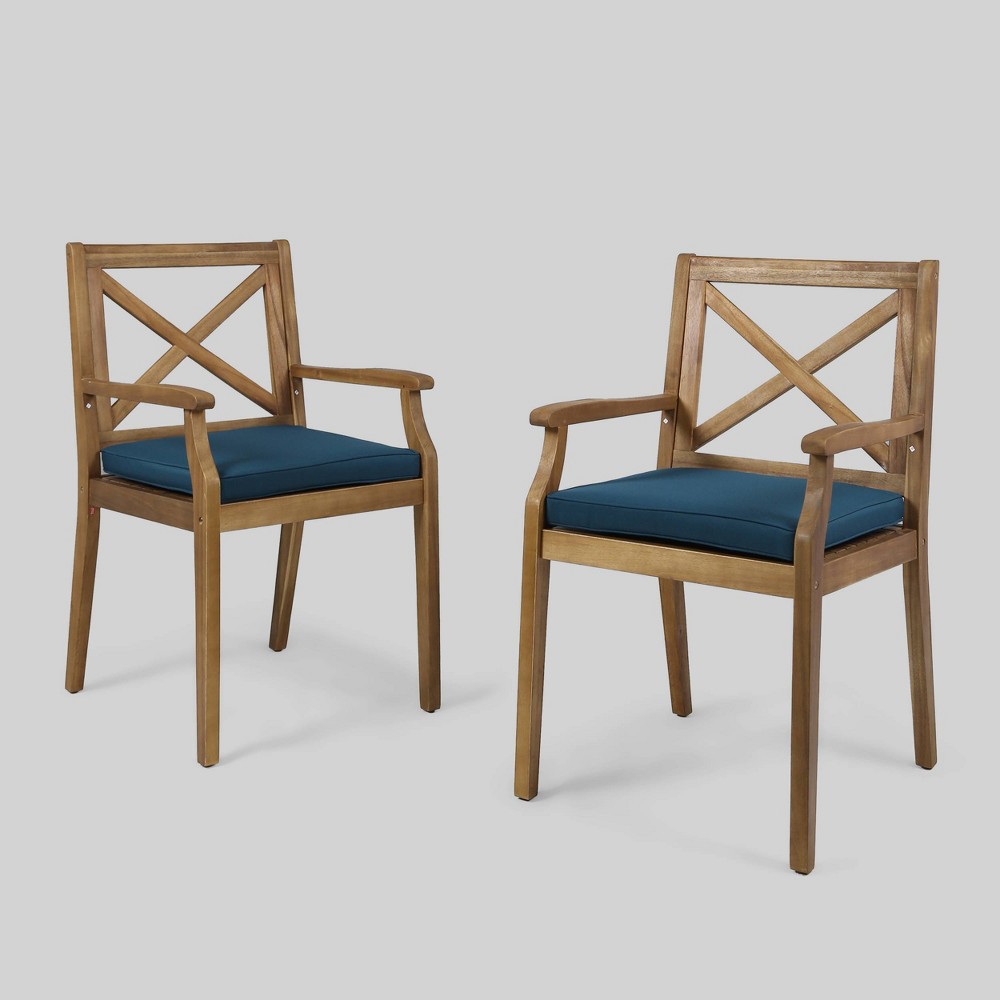 Perla 2pk Acacia Wood Patio Dining Chair Teak Blue Christopher Knight Home