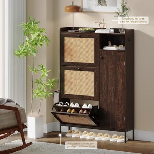 Rattan Shoe Cabinet with Flip Drawers, 3 Tier Narrow Free-Standing Entryway Storage Organizer - 1 of 4