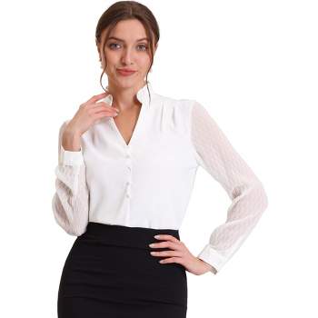 Allegra K Women's Business Ruffle V Neck Button Decor Sheer Long Sleeve Work Shirt