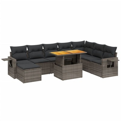 vidaXL 9 Piece Patio Sofa Set with Cushions Gray Poly Rattan - without storage