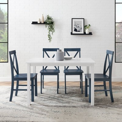 White and Navy X-Back Farmhouse Dining Set with 4 Chairs