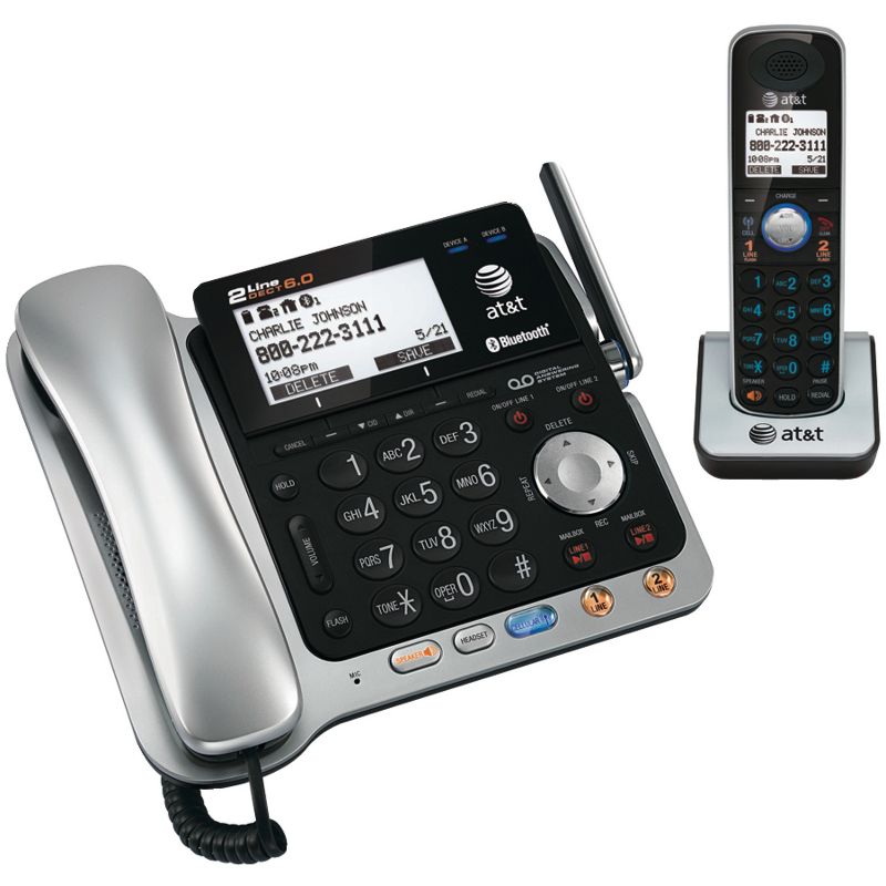 AT&T® DECT 6.0 2-Line 2-Handset Connect to Cell™ Corded Cordless Bluetooth® Phone System with Digital Answering System and Caller ID, Silver and Black, 1 of 9