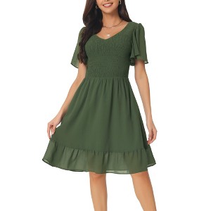 Seta T Women's Flowy Chiffon Summer Smocked V Neck Flutter Short Sleeve Ruffle Mini Dress - 1 of 4