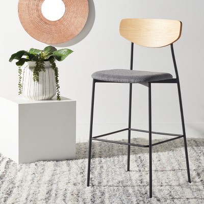 Mid-Century Saddle Style Oak and Grey Leather Barstool