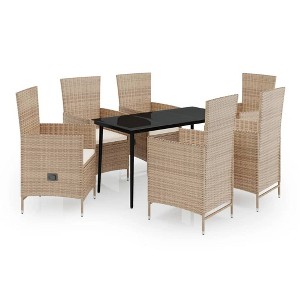 vidaXL 7-Piece Patio Dining Set with Reclining Chairs & Cushions - Beige PE Rattan Outdoor Furniture with Glass Tabletop - 1 of 4