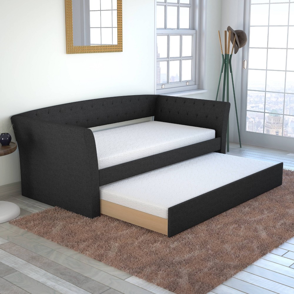 Photos - Bed Frame Twin Olivia Linen Upholstered Sofa Daybed with Trundle Black - Eco Dream