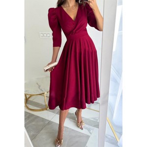 Womens Dress Wrap V Neck 3/4 Puff Sleeve Flowy Midi Dress - 1 of 4
