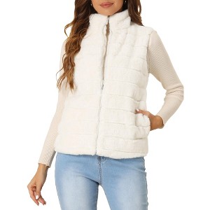 INSPIRE CHIC Women's Stand Collar Fully Lined Sleeveless Faux Fur Fluffy Zip Vest - 1 of 4