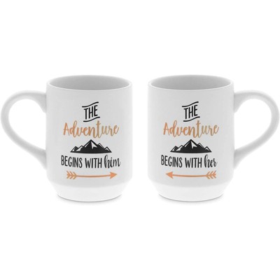Sparkle and Bash 2 Pack His and Her Ceramic Coffee Mugs, The Adventure Begins (15 oz)