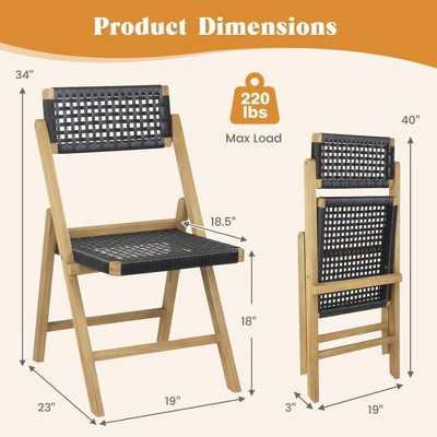 Natural Teak Wood Folding Patio Chairs with Black Woven Rope Seat, Set of 2