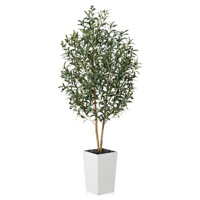 DR.Planzen 72" Artificial Olive Tree with Dual Real Wood Trunks - 6FT UV Resistant Fake Plant with 20 Branches in Tall Planter for Home Decor