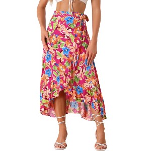 INSPIRE CHIC Women's Tropical Floral Print Ruffle Self-Tie Knot Split Beach Wrap Midi Skirt - 1 of 4