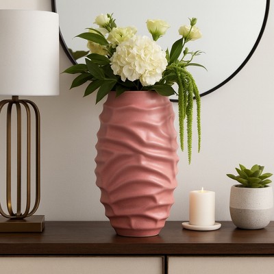 Modern Textured Vase with Woven Pattern for Living Room Decor - Decorative Flower Vase for Bedroom, Home Accent, and Office Decor - 18", Red