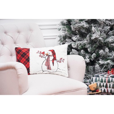 Snowman Embroidered Plaid Christmas Throw Pillow