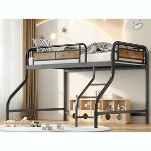 Resenkos Industrial Metal Twin Size Loft Bed with Guardrails, Built - in Ladder, Vintage Wood Accents for Bedroom, Black - 1 of 4