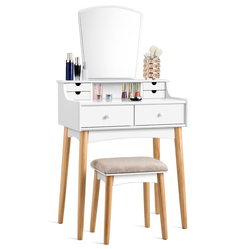 Tangkula 6 Drawer Vanity Mirror Beauty Dressing Table Set w/ Cushioned Seat Modern White, 4 of 7