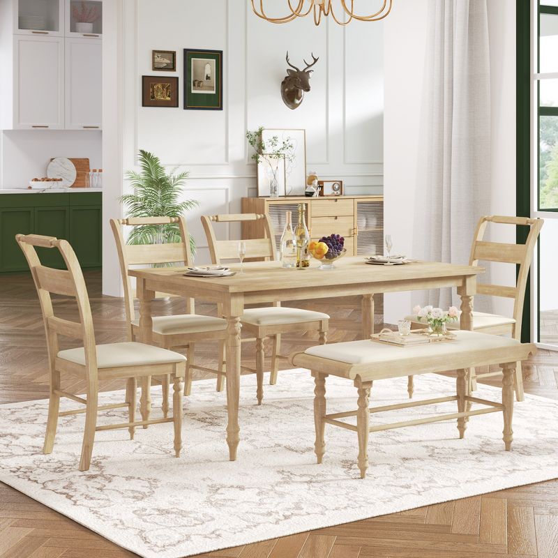 6-Piece Vintage Style Dining Table Set with Upholstered Dining Chairs and Bench - ModernLuxe, 3 of 15