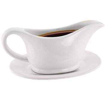KOVOT White Elegant 12oz Ceramic Gravy Boat and Saucer Plate Set - Perfect for Gravies, Sauces, and Dressings - Microwave and Dishwasher Safe