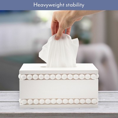 White Beaded Rectangular Paulownia Wood Tissue Box Cover