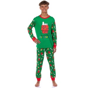 Snoopy Pajamas Wake Me When It's Christmas Adult Tight Fit Sleep Set - 1 of 4