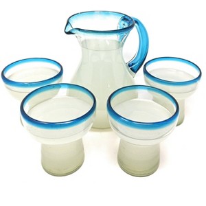 Dos Sueños Mexican Hand Blown Glassware Combo Set - Aqua Rim Pitcher and Stemless Margarita Glasses - 1 of 4